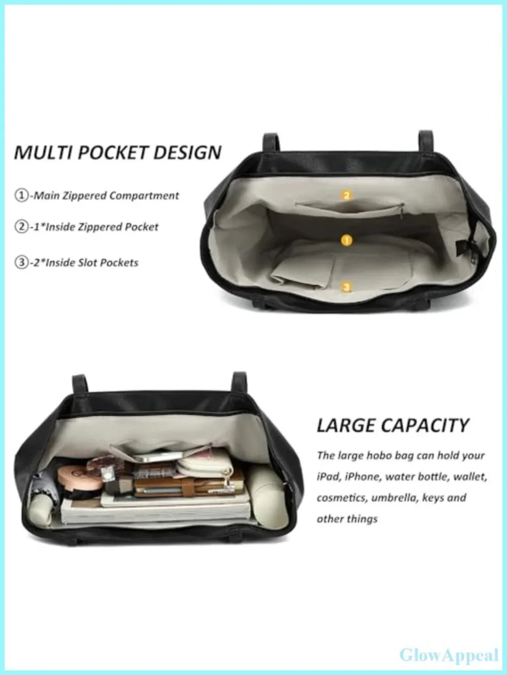 Large PU Leather Tote Bag for Women with Zipper, Travel Purse